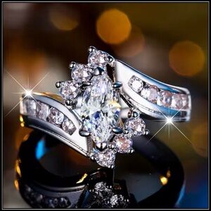 NEW 925 SIMULATED DIAMOND MARQUISE CLUSTER BAGUETTE SILVER ENGAGEMENT RING